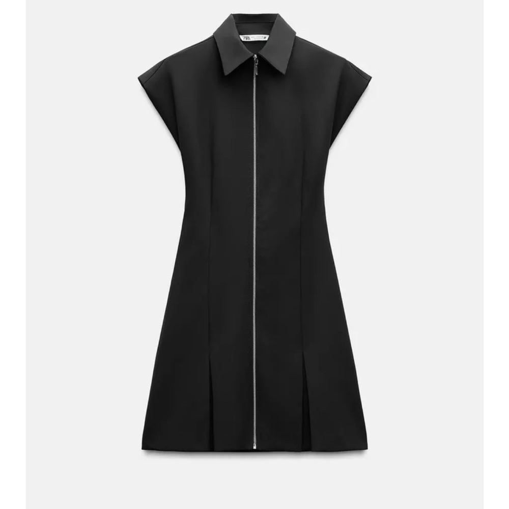 Zara Black A-Line Mini Dress Front Zip with Cap Sleeves